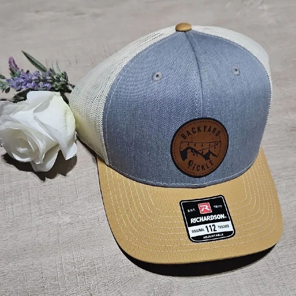 Richardson 🎁 Backyard Pickle Leather Patch Denim Blue,Tan & Cream. New Unisex